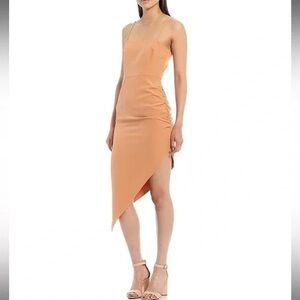 Gianni Bini Asymmetrical Side Ruched Dress Harling Tan Crepe Size 8 NWT